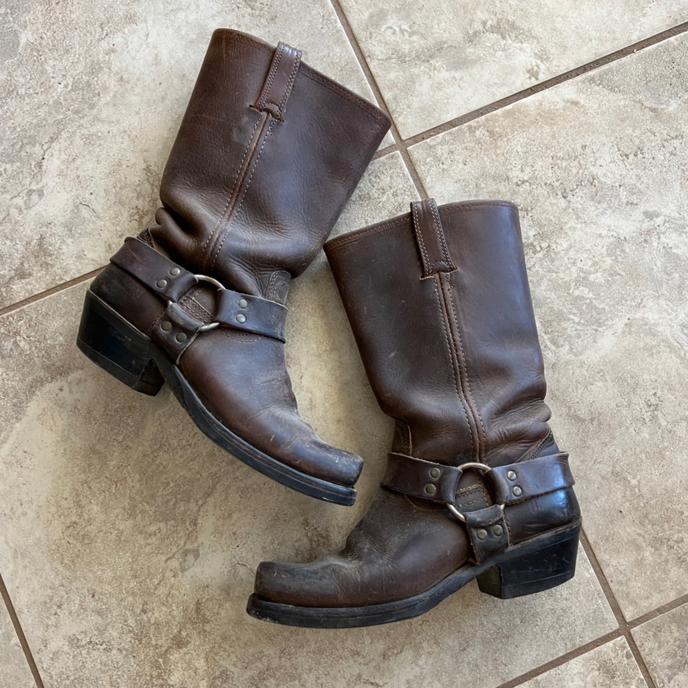 1990s Frye Chestnut Leather Harness Boots
